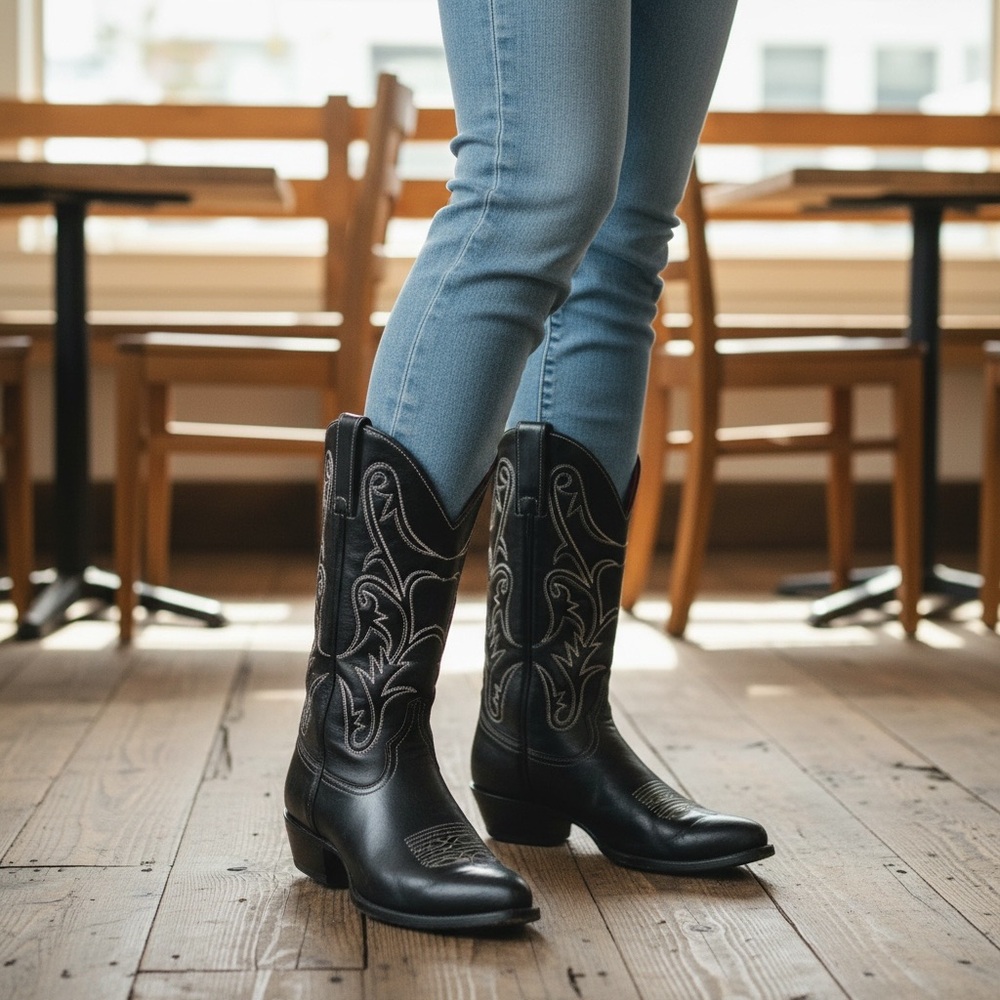VINTAGE 1990 Frye Black Red Contrast Leather Embroidery Stitch Tall Cowboy Boot